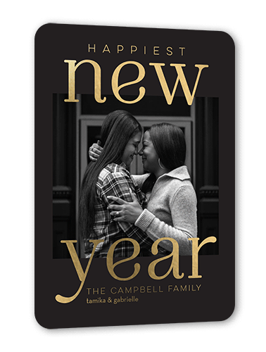 The Happiest Year New Year's Card, Black, Gold Foil, 5x7, New Year, Matte, Personalized Foil Cardstock, Rounded