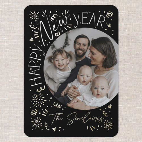Firework Festivities New Year's Card, Black, Gold Foil, 5x7, New Year, Matte, Personalized Foil Cardstock, Rounded, Black
