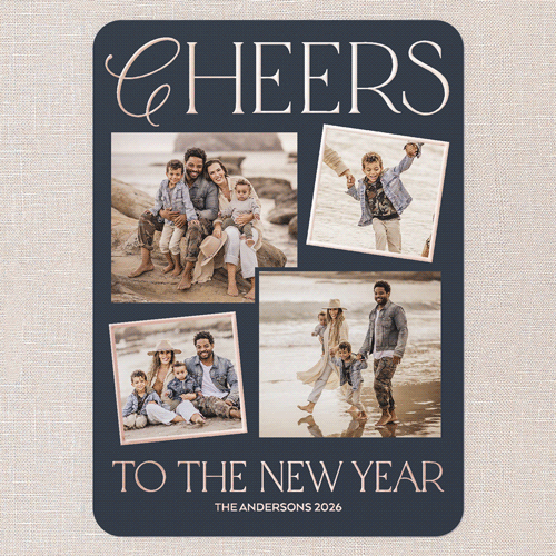 Elegant Cheers New Year's Card, Rose Gold Foil, Blue, 5x7, New Year, Matte, Personalized Foil Cardstock, Rounded, Navy