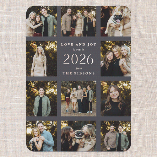 Modern Grid Gallery New Year's Card, Rose Gold Foil, Grey, 5x7, New Year, Matte, Personalized Foil Cardstock, Rounded, Flint