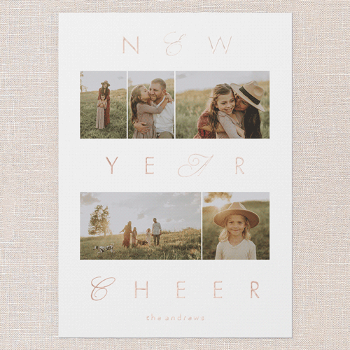 Golden Script Cheer New Year's Card, Rose Gold Foil, White, 5x7, New Year, Matte, Personalized Foil Cardstock, Square, White