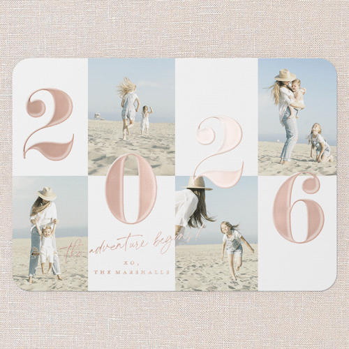 Adventure Grid New Year's Card, Rose Gold Foil, Beige, 5x7, New Year, Matte, Personalized Foil Cardstock, Rounded, Limestone