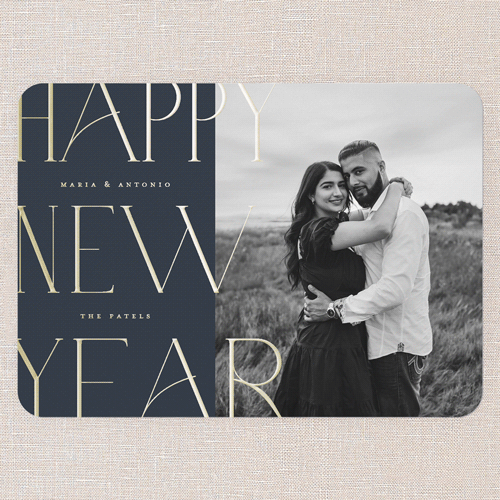 Typographic Shine New Year's Card, Blue, Gold Foil, 5x7, New Year, Matte, Personalized Foil Cardstock, Rounded, Navy