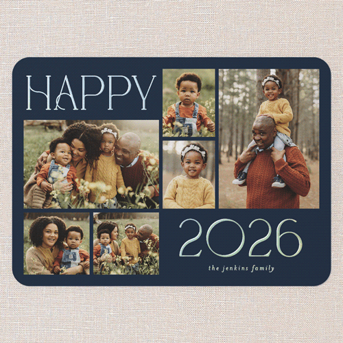 Golden Yearframe New Year's Card, Blue, Iridescent Foil, 5x7, New Year, Matte, Personalized Foil Cardstock, Rounded, Navy