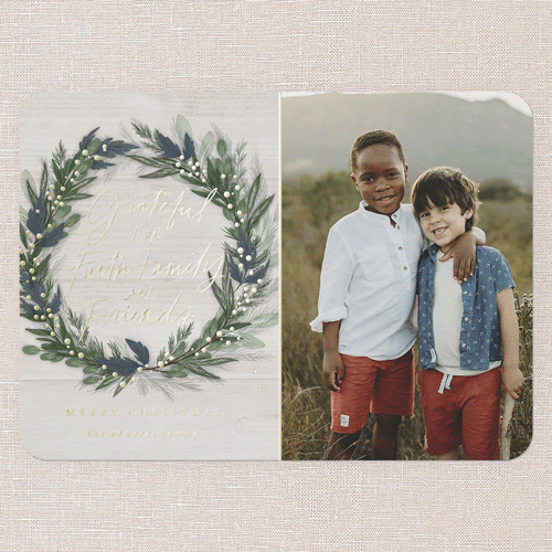 Riveting Wreath Religious Christmas Card, Gold Foil, Grey, 5x7, Religious, Matte, Personalized Foil Cardstock, Rounded, Whisper Gray