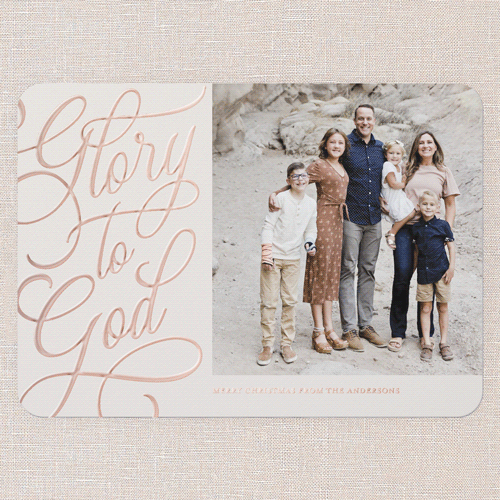 Glory Glistening Religious Christmas Card, Rose Gold Foil, Beige, 5x7, Religious, Matte, Personalized Foil Cardstock, Rounded, Cream