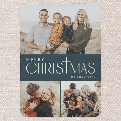 Yuletide Cross Religious Christmas Card, Blue, Gold Foil, 5x7, Religious, Matte, Personalized Foil Cardstock, Rounded, Blue