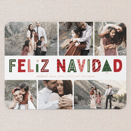 Jovial Icons Tarjeta de Navidad, Rose Gold Foil, White, 5x7, Feliz Navidad, Matte, Personalized Foil Cardstock, Rounded, White