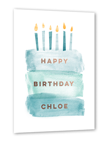 Painted Cake Birthday Card, Blue, Rose Gold Foil, 5x7, Matte, Personalized Foil Cardstock, Square