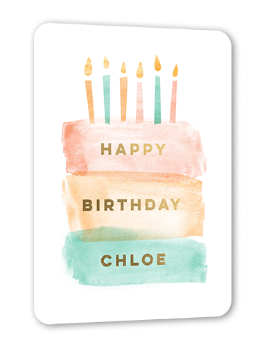 Painted Cake Birthday Card, Gold Foil, Yellow, 5x7, Matte, Personalized Foil Cardstock, Rounded