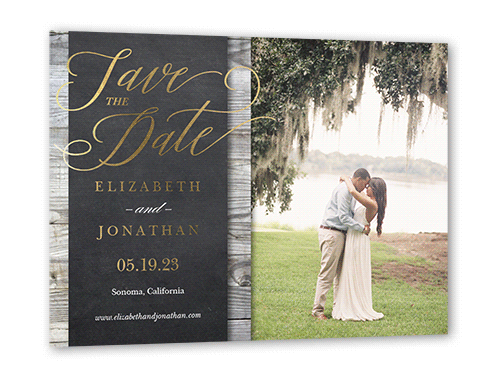 Wood Frame Save The Date, Grey, Gold Foil, 5x7, Matte, Personalized Foil Cardstock, Square