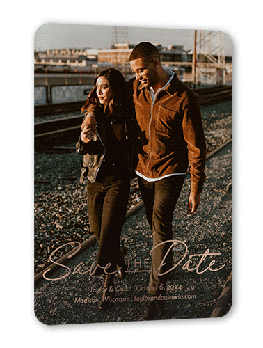 Fun Classic Save The Date, Gray, Rose Gold Foil, 5x7, Matte, Personalized Foil Cardstock, Rounded