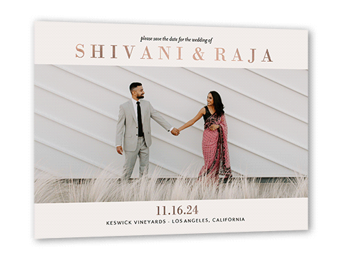 Framed Photo Save The Date, White, Rose Gold Foil, 5x7, Matte, Personalized Foil Cardstock, Square, White