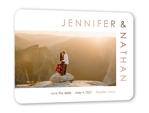 Around The Corner Save The Date, Rose Gold Foil, White, 5x7, Write Your Own, Matte, Personalized Foil Cardstock, Rounded, White