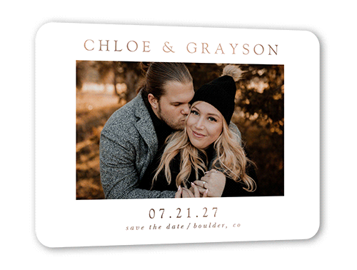 Minimal Styled Save The Date, White, Rose Gold Foil, 5x7, Write Your Own, Matte, Personalized Foil Cardstock, Rounded, White