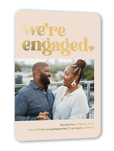 Boldly Engaged Save The Date, Pink, Gold Foil, 5x7, Matte, Personalized Foil Cardstock, Rounded, White