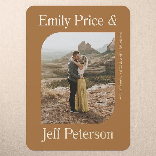 Sleek Elegance Save The Date, Gold Foil, Orange, 5x7, Matte, Personalized Foil Cardstock, Rounded, Ripe Mango