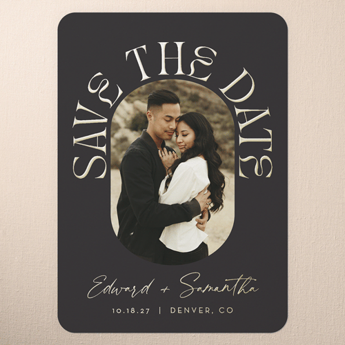 Encapsulated Love Save The Date, Gold Foil, Black, 5x7, Matte, Personalized Foil Cardstock, Rounded