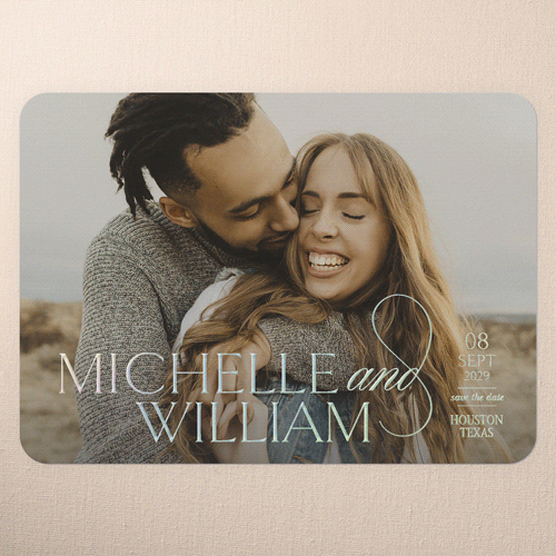 Novel Romance Save The Date, Iridescent Foil, White, 5x7, Matte, Personalized Foil Cardstock, Rounded, White