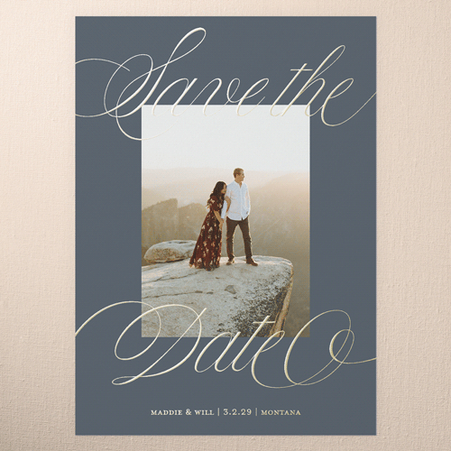 Marvelous Moment Save The Date, Grey, Gold Foil, 5x7, Matte, Personalized Foil Cardstock, Square, Gunmetal