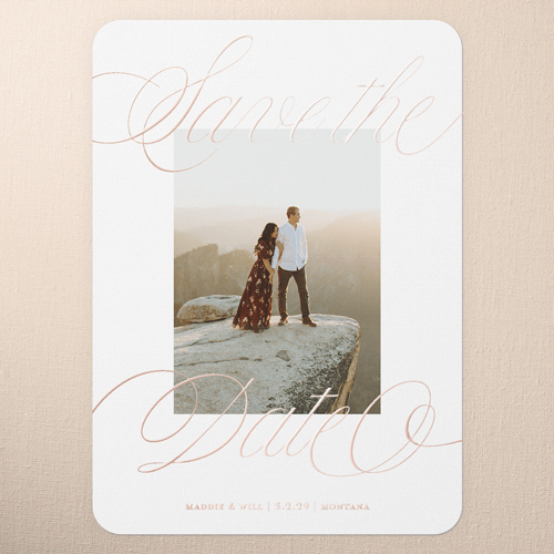 Marvelous Moment Save The Date, Rose Gold Foil, White, 5x7, Matte, Personalized Foil Cardstock, Rounded, White