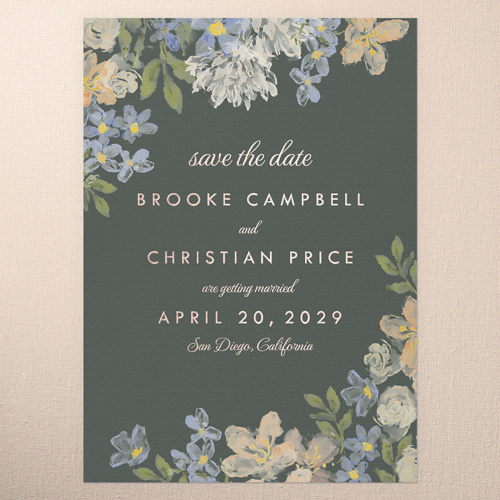 Painted Enclosure Save The Date, Green, Rose Gold Foil, 5x7, Matte, Personalized Foil Cardstock, Square, Forest