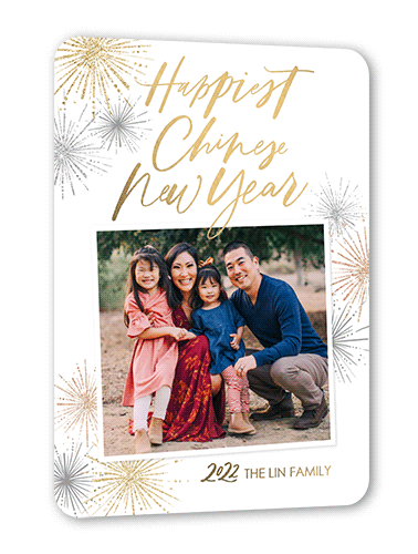Bold Fireworks Lunar New Year Card, White, Gold Foil, 5x7, Matte, Personalized Foil Cardstock, Rounded