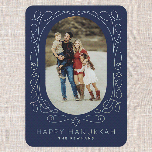 Gilded Swirl Frame Hanukkah Card, Blue, Iridescent Foil, 5x7, Hanukkah, Matte, Personalized Foil Cardstock, Rounded, Nautical