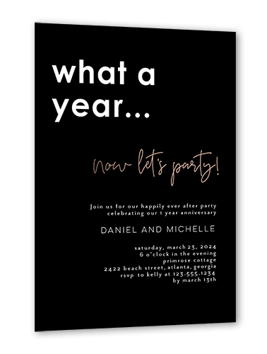 A Year To Party Wedding Anniversary Invitation, Rose Gold Foil, Black, 5x7, Matte, Personalized Foil Cardstock, Square