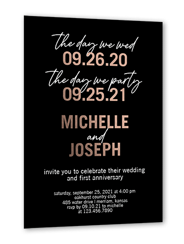 Bold Dates Wedding Anniversary Invitation, Rose Gold Foil, Black, 5x7, Matte, Personalized Foil Cardstock, Square