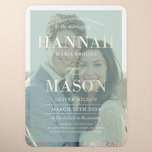 Divine Elegance Wedding Invitation, Gold Foil, Green, 5x7, Matte, Personalized Foil Cardstock, Rounded