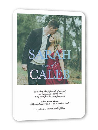 Brilliant Overlay Wedding Invitation, Iridescent Foil, Blue, 5x7, Matte, Personalized Foil Cardstock, Rounded, Sea