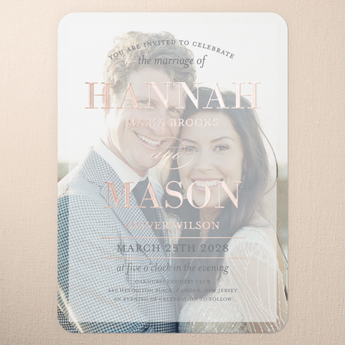 Divine Elegance Wedding Invitation, Rose Gold Foil, White, 5x7, Matte, Personalized Foil Cardstock, Rounded