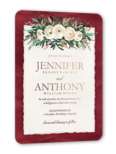 Rustic Borders Wedding Invitation, Red, Rose Gold Foil, 5x7, Matte, Personalized Foil Cardstock, Rounded