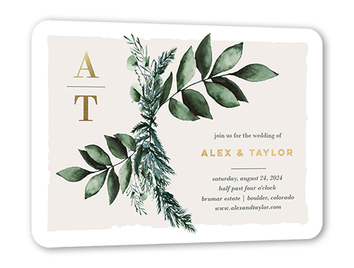 Rehearsal Bough Wedding Invitation, White, Gold Foil, 5x7, Matte, Personalized Foil Cardstock, Rounded