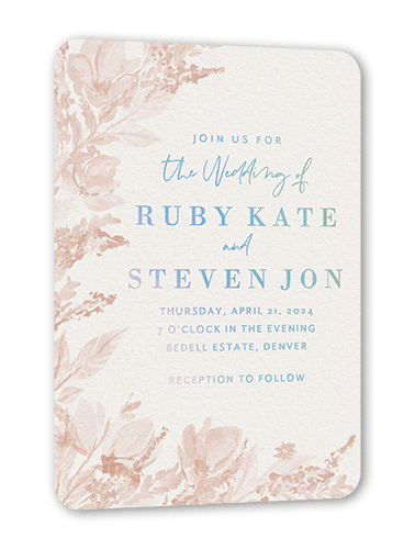 Dusty Blooms Wedding Invitation, Iridescent Foil, Pink, 5x7, Matte, Personalized Foil Cardstock, Rounded