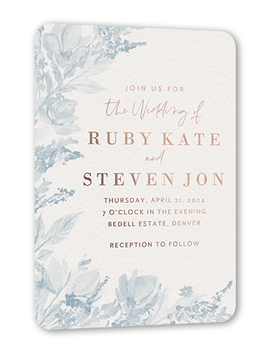 Dusty Blooms Wedding Invitation, Blue, Rose Gold Foil, 5x7, Matte, Personalized Foil Cardstock, Rounded