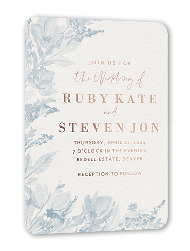 Dusty Blooms Wedding Invitation, Rose Gold Foil, Blue, 5x7, Matte, Personalized Foil Cardstock, Rounded, Marine Layer