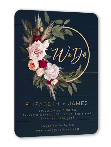 Dark Florals Wedding Invitation, Gold Foil, Black, 5x7, Matte, Personalized Foil Cardstock, Rounded
