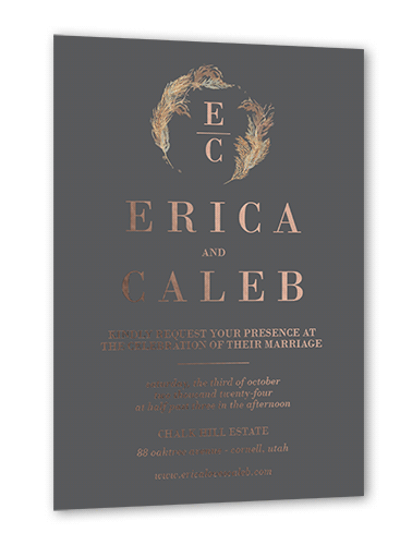 Autumn Grass Wedding Invitation, Grey, Rose Gold Foil, 5x7, Matte, Personalized Foil Cardstock, Square, Burnt Ash
