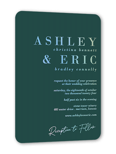 Elegant Formula Wedding Invitation, Iridescent Foil, Green, 5x7, Matte, Personalized Foil Cardstock, Rounded