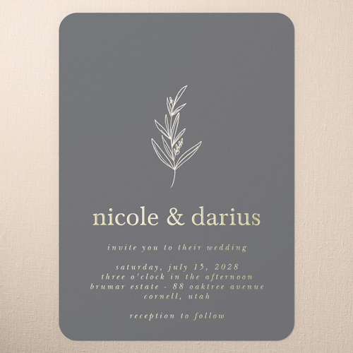 Sweet Leaf Wedding Invitation, Grey, Gold Foil, 5x7, Matte, Personalized Foil Cardstock, Rounded, Steel