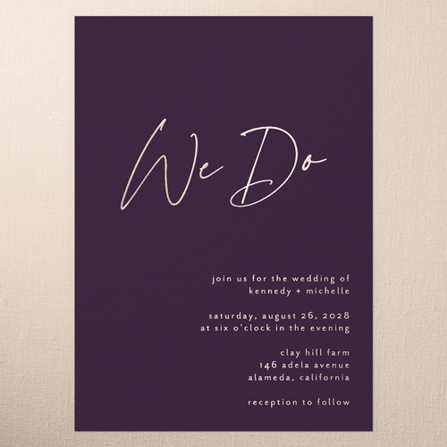 Regal We Do Wedding Invitation, Purple, Rose Gold Foil, 5x7, Matte, Personalized Foil Cardstock, Square, Eggplant