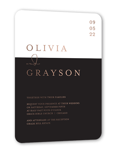 Dazzling Duet Wedding Invitation, Rose Gold Foil, Black, 5x7, Matte, Personalized Foil Cardstock, Rounded, Black