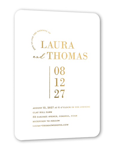 Adorned Accent Wedding Invitation, White, Gold Foil, 5x7, Matte, Personalized Foil Cardstock, Rounded
