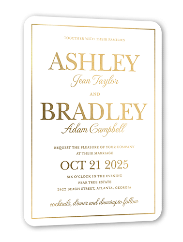 Glistening Glamour Wedding Invitation, White, Gold Foil, 5x7, Matte, Personalized Foil Cardstock, Rounded, White