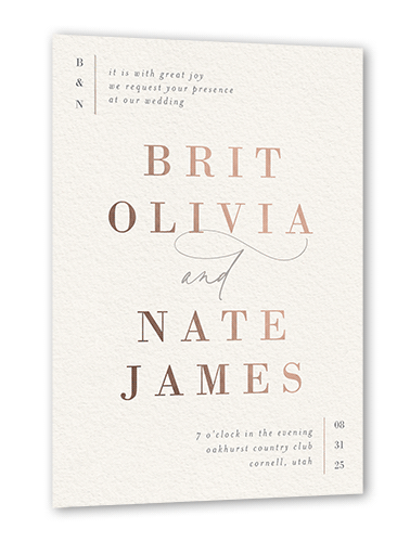 Gleaming Gathering Wedding Invitation, Rose Gold Foil, Beige, 5x7, Matte, Personalized Foil Cardstock, Square, Antique White