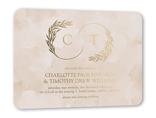 Reflective Rings Wedding Invitation, Beige, Gold Foil, 5x7, Matte, Personalized Foil Cardstock, Rounded