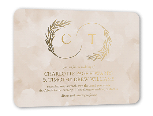 Reflective Rings Wedding Invitation, Beige, Gold Foil, 5x7, Matte, Personalized Foil Cardstock, Rounded, Adobe Blush