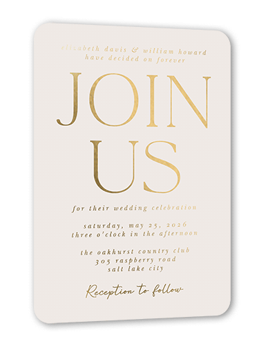 Brightly Joined Wedding Invitation, Beige, Gold Foil, 5x7, Matte, Personalized Foil Cardstock, Rounded, Cream
